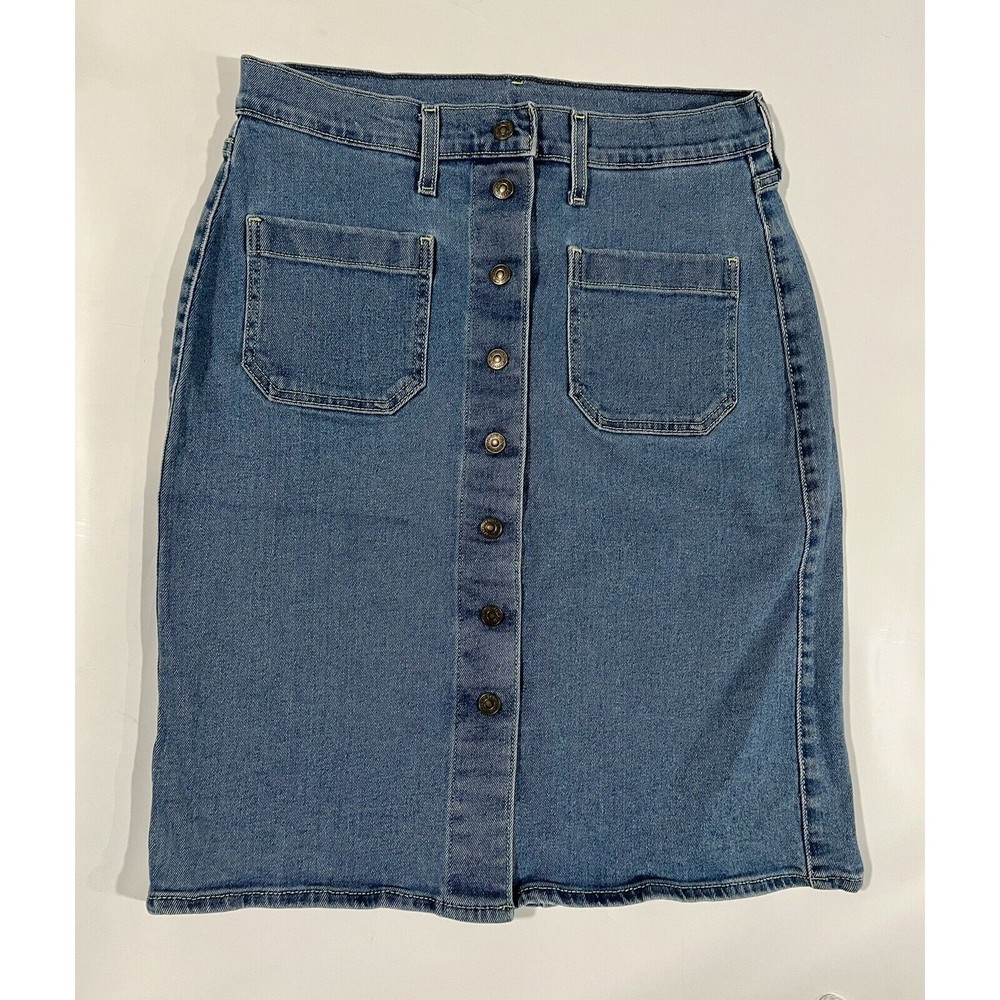 Classic Blue Denim Midi Skirt with Front Buttons